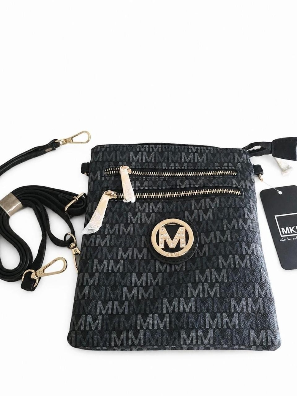 MFK Black Crossbody Phone Bag with Gold Logo